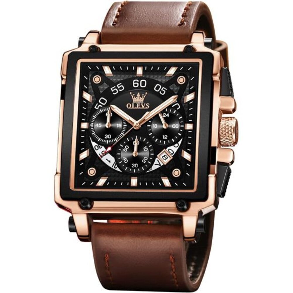 Square Watches Brown Leather Chronograph Watch Luminous Casual Wrist Watches